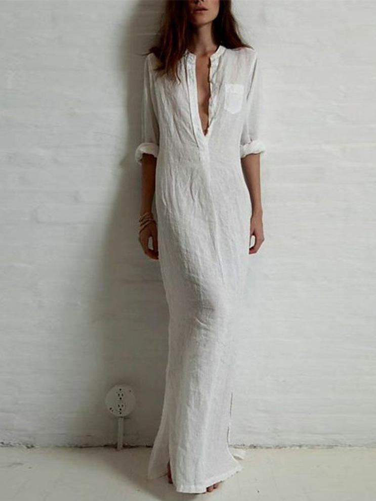 Solid Color Split-Side Stand Collar Maxi Dress