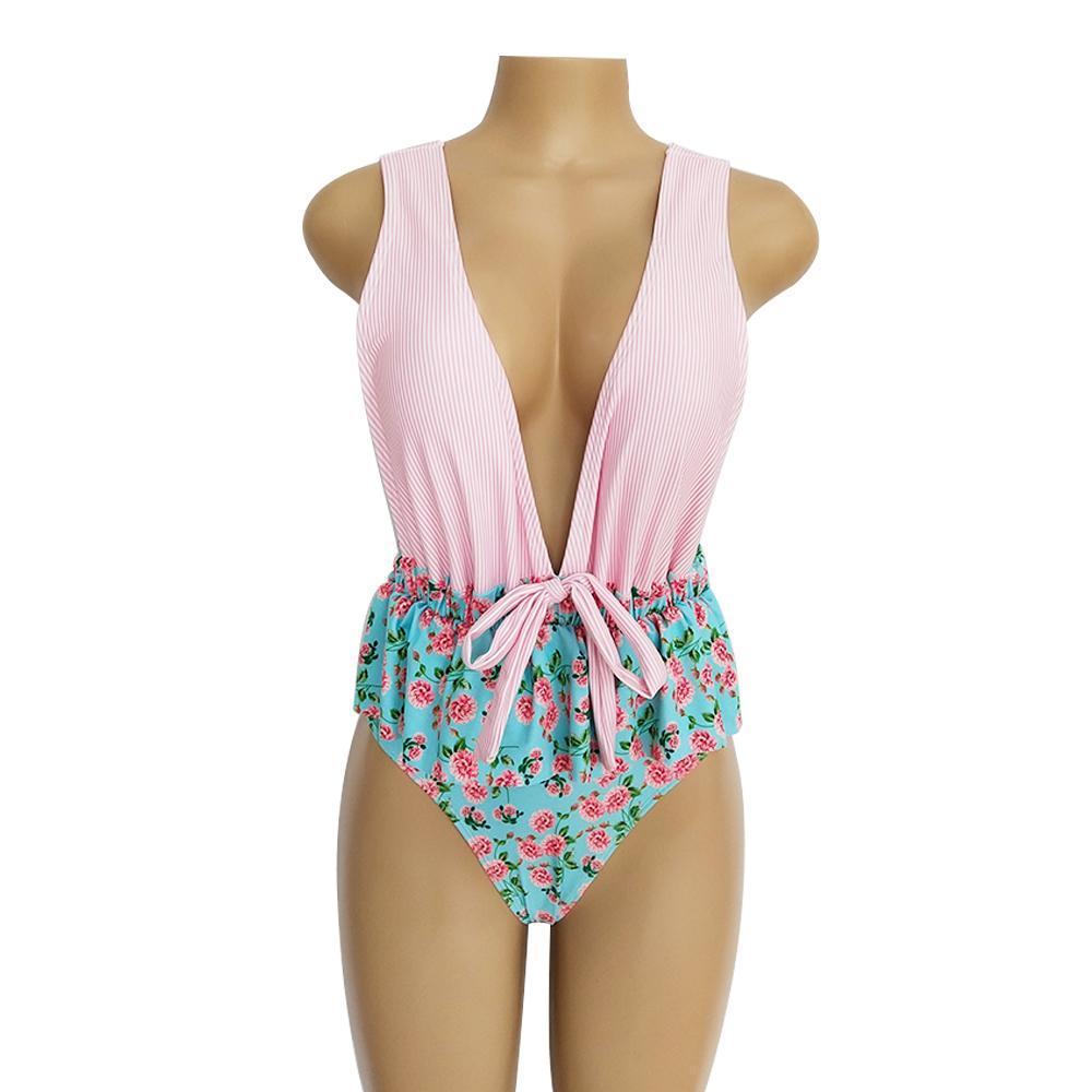 Ruffled Print V-Neck Bow Ins Style One Piece Swimsuit