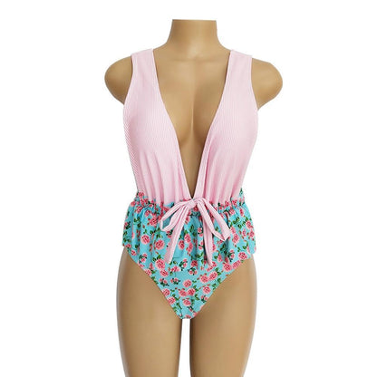 Ruffled Print V-Neck Bow Ins Style One Piece Swimsuit