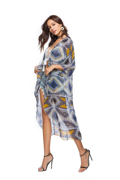2018 New Arrival Printed Chiffon Shirt With A Long Section Of The Beach Coat