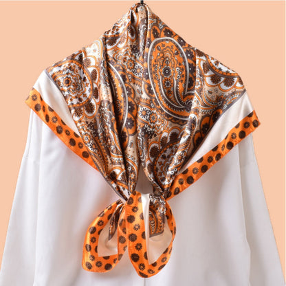 Scarvii - Vintage Paisley Silky Square Scarf - Orange/Blue