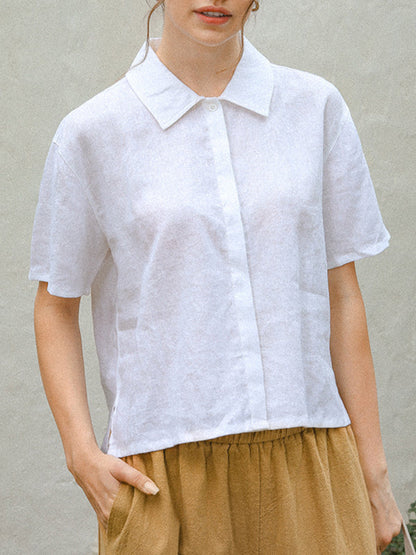 Loose Short Sleeves Buttoned Pleated Solid Color Split-Side Lapel Blouses&Shirts Tops