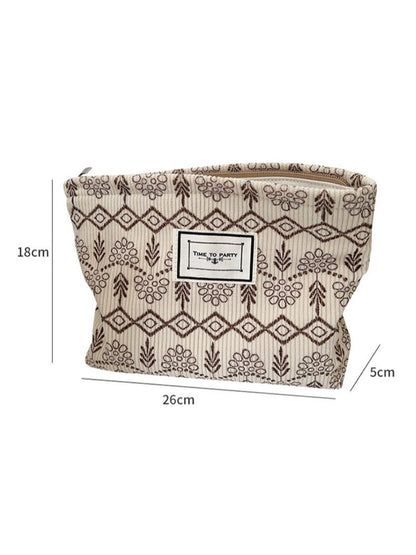 Cosbai - Fabric Geometric &amp; Floral Print Pouch Bag with Zipper