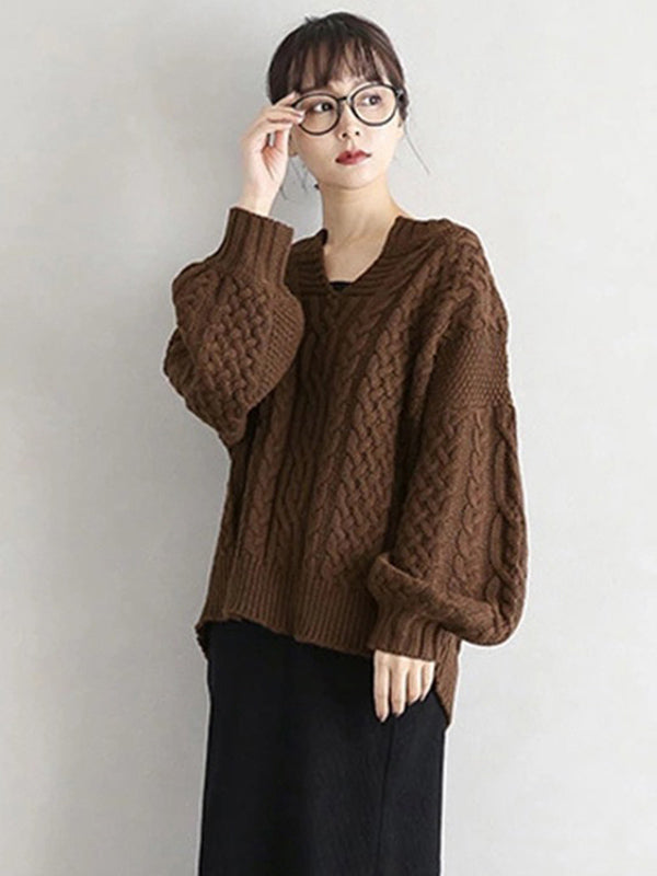 Stylish Loose Jacquard Solid Color V-Neck Sweater
