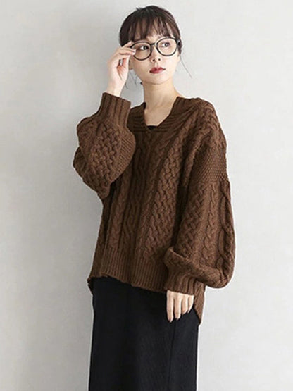 Stylish Loose Jacquard Solid Color V-Neck Sweater