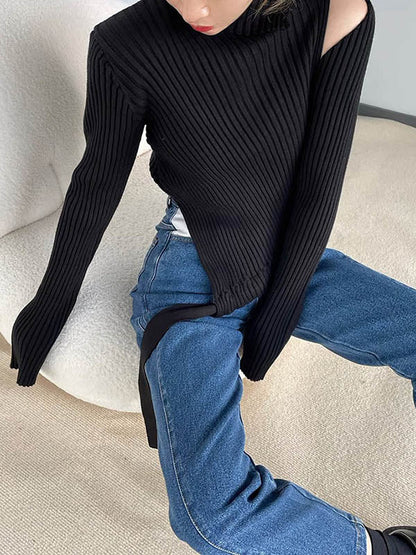 Original Stylish Solid Color Off-The-Shoulder Long Sleeves Sweater Top