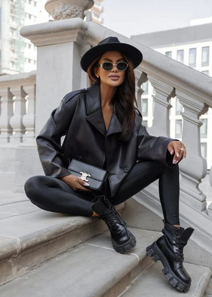 Cropped Leather Jacket With Oversized Lapels