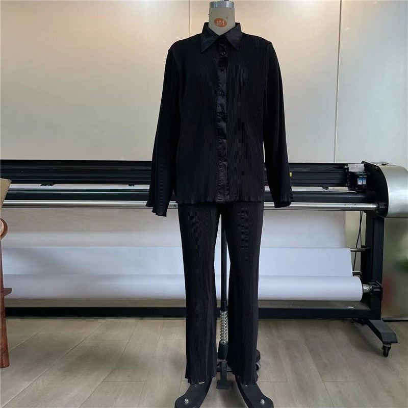 Printed Pleated Long Sleeve Long Pants Set