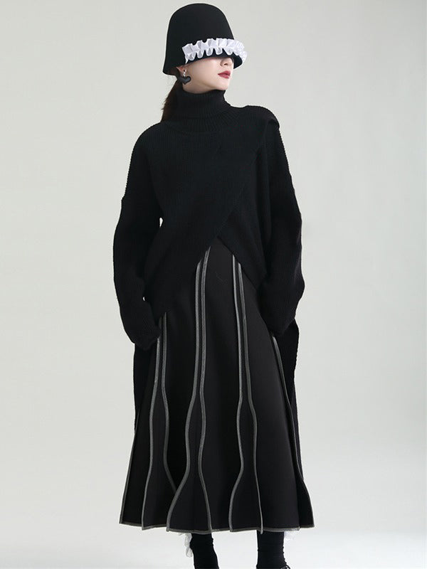 Original High-Low Asymmetric Knitting Dress High-Neck Sweater Dress