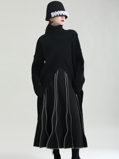 Original High-Low Asymmetric Knitting Dress High-Neck Sweater Dress