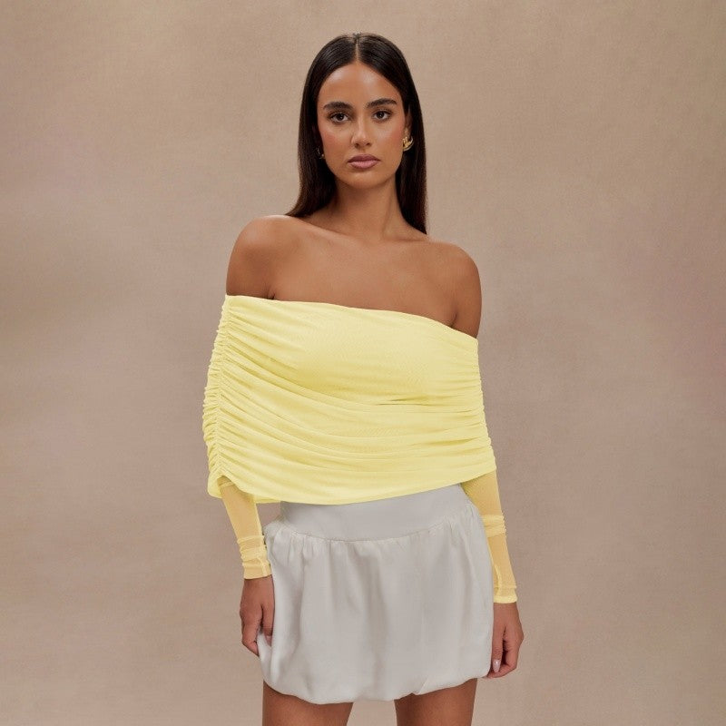 Mesh Insert See Through Pleated Off Shoulder T Shirt