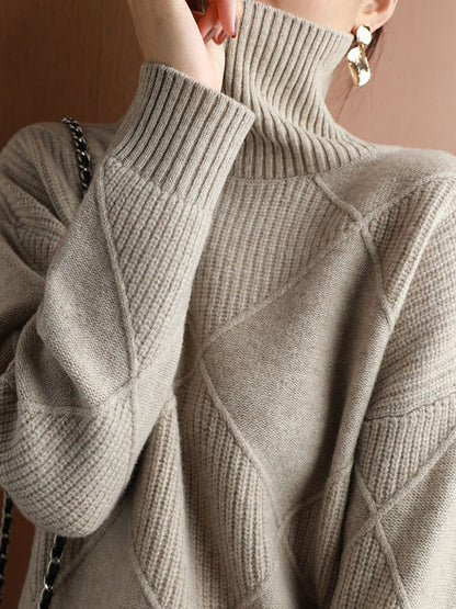 Loose Rhombus Solid Color High-Neck Sweater Tops