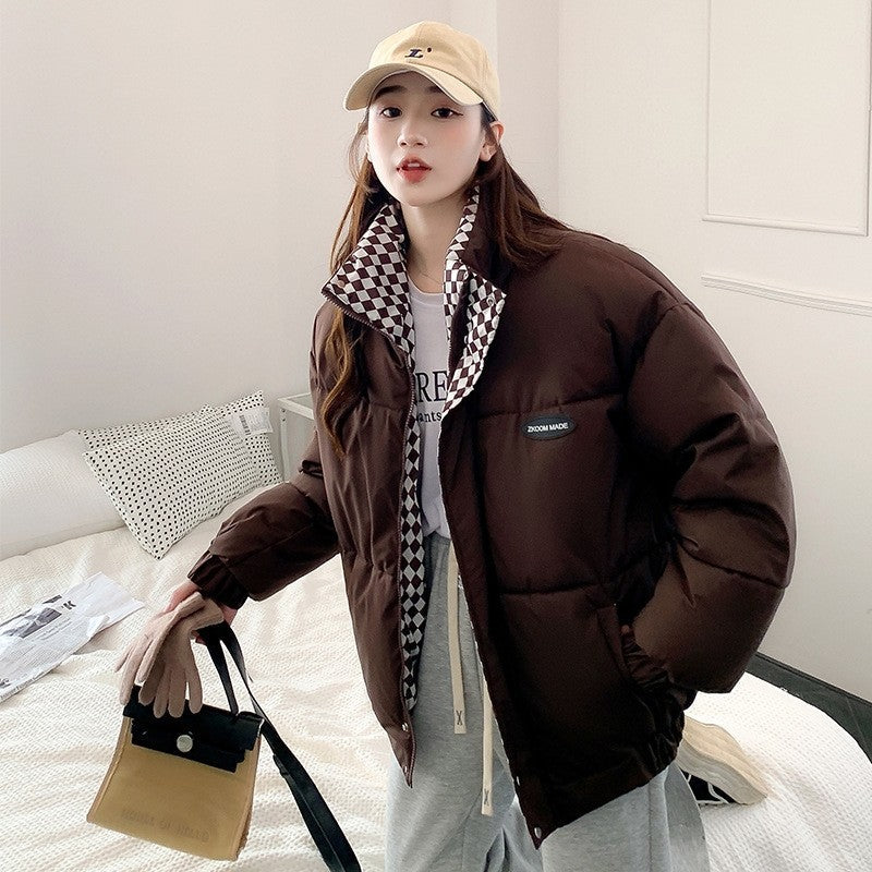 Short Thickened Cotton Jacket With Chessboard Pattern