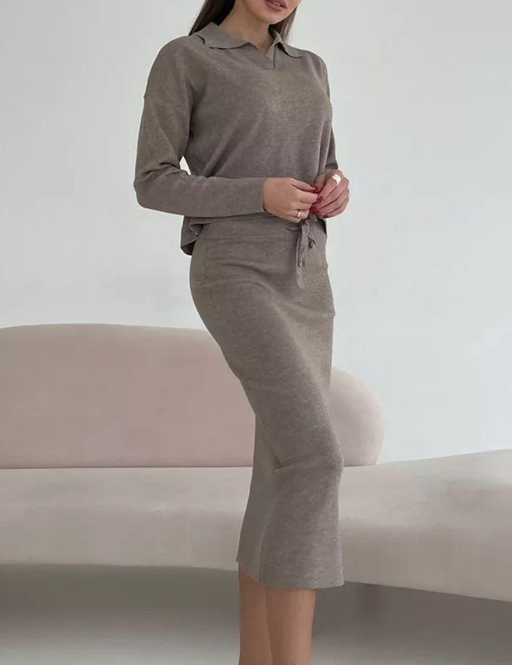 Knit Fall Polo Collar Sweater Bodycon Skirt Set