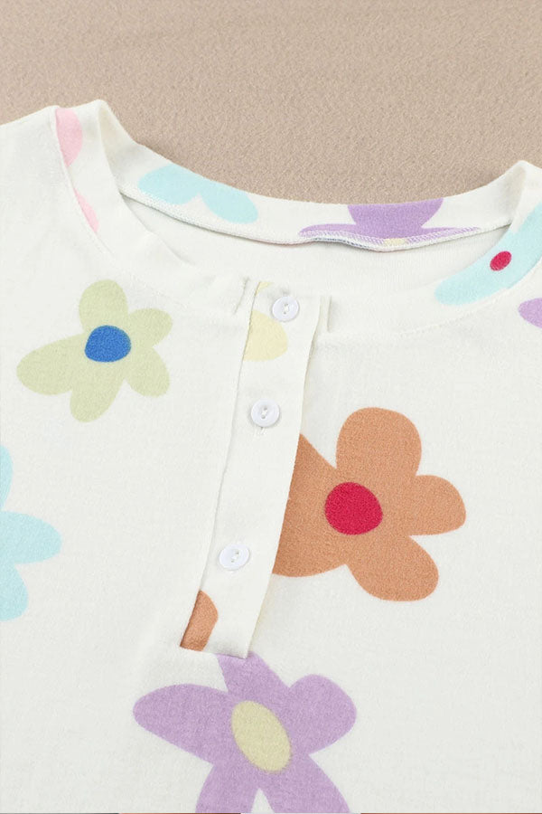 White Floral Print Henley Top \u0026 Drawstring Shorts Loungewear Set