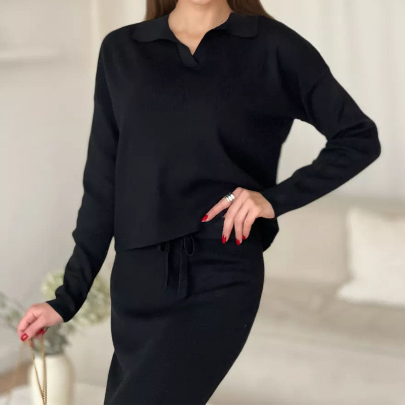 Knit Fall Polo Collar Sweater Bodycon Skirt Set