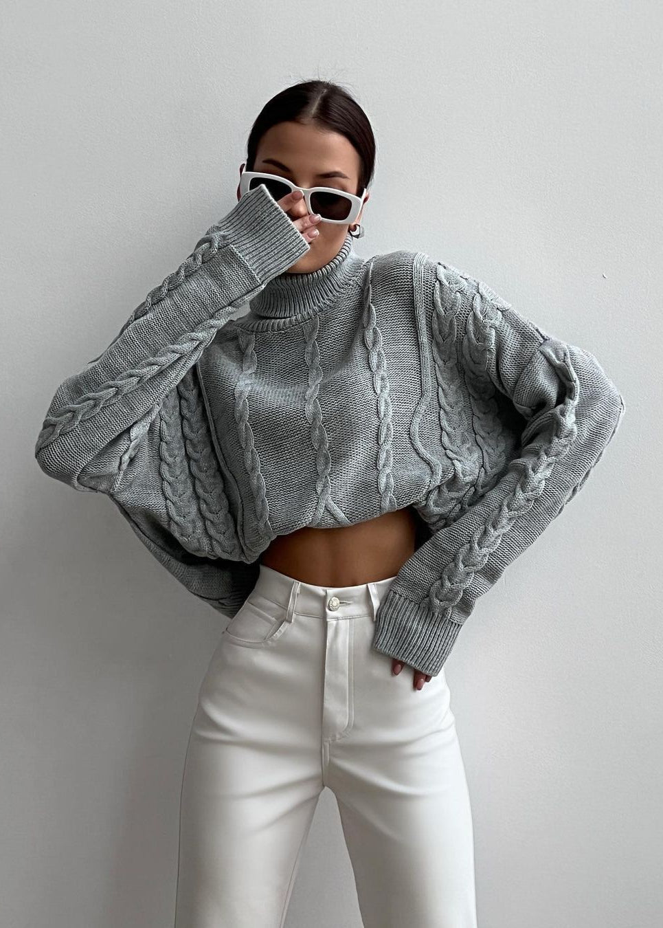 Cable Knit Cropped Turtleneck Sweater Chunky Knit