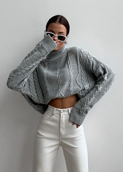 Cable Knit Cropped Turtleneck Sweater Chunky Knit