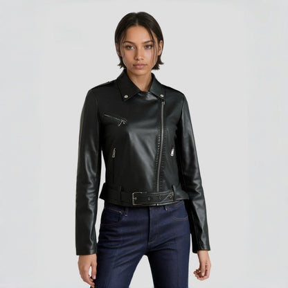 PU Retro Belted Biker Jacket Lapel Collar