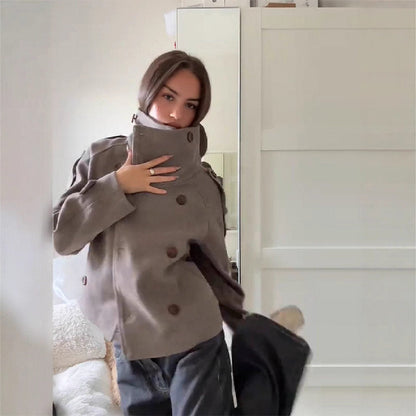 Short Wool Coat With Stand Collar And Button Front