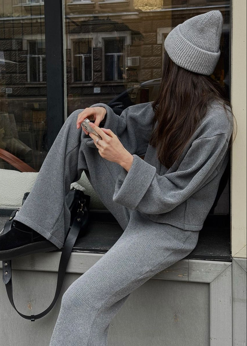 Knit Lounge Set Ribbed Blend Zip Jacket And Wide-Leg Pants