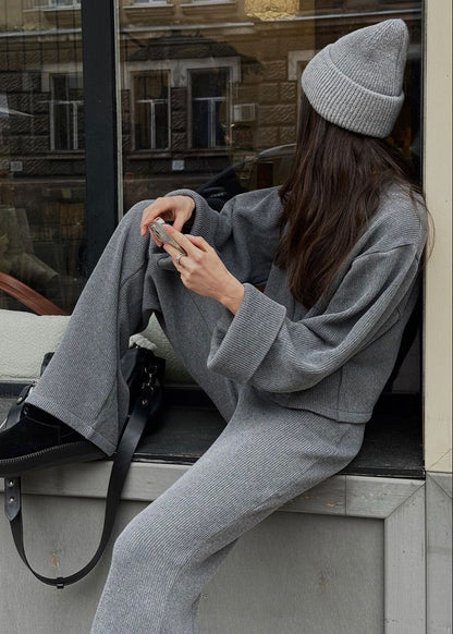 Knit Lounge Set Ribbed Blend Zip Jacket And Wide-Leg Pants