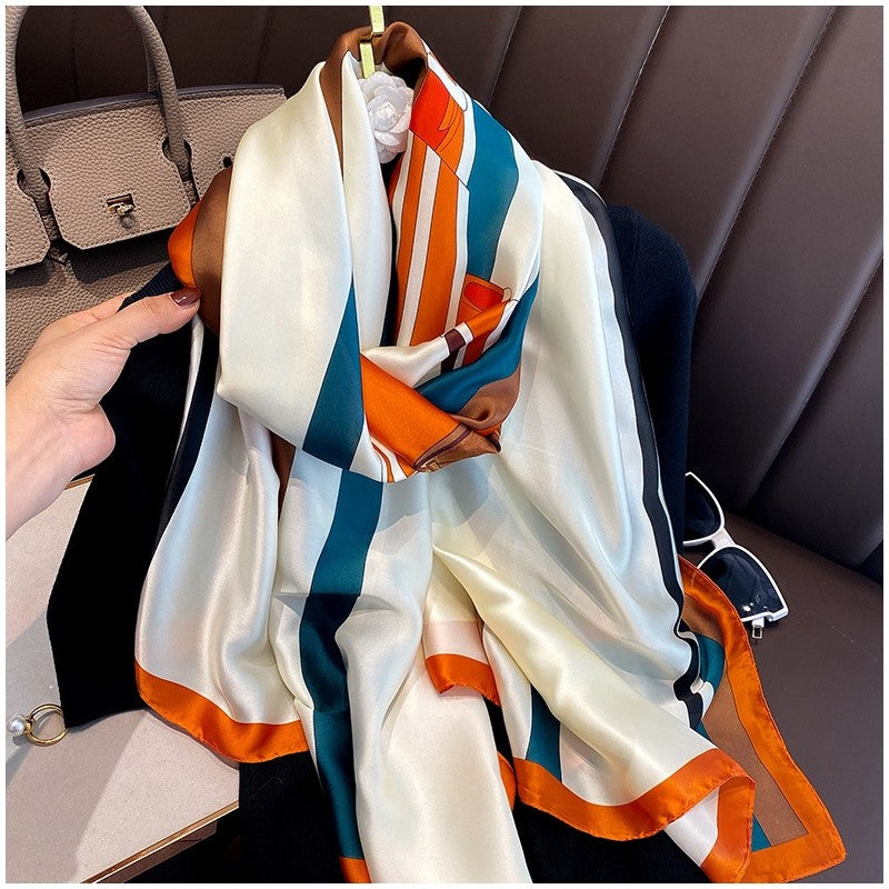 Contrast Print Long Silk Scarf