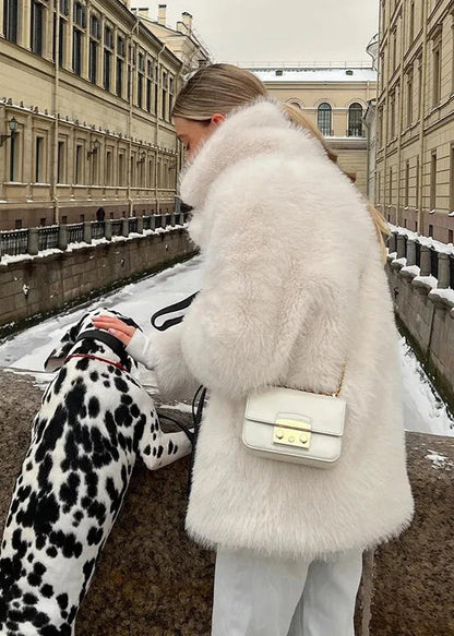 White Faux Fur Short Coat With High Collar