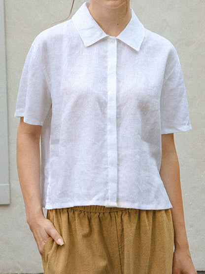 Loose Short Sleeves Buttoned Pleated Solid Color Split-Side Lapel Blouses&Shirts Tops