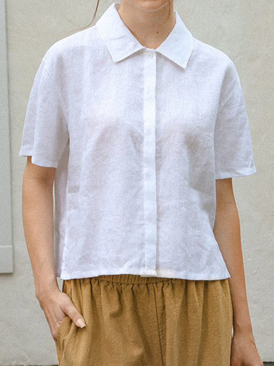 Loose Short Sleeves Buttoned Pleated Solid Color Split-Side Lapel Blouses&Shirts Tops