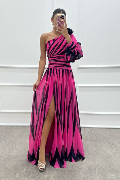 One-Shoulder Rose Detail Patterned Design Dress