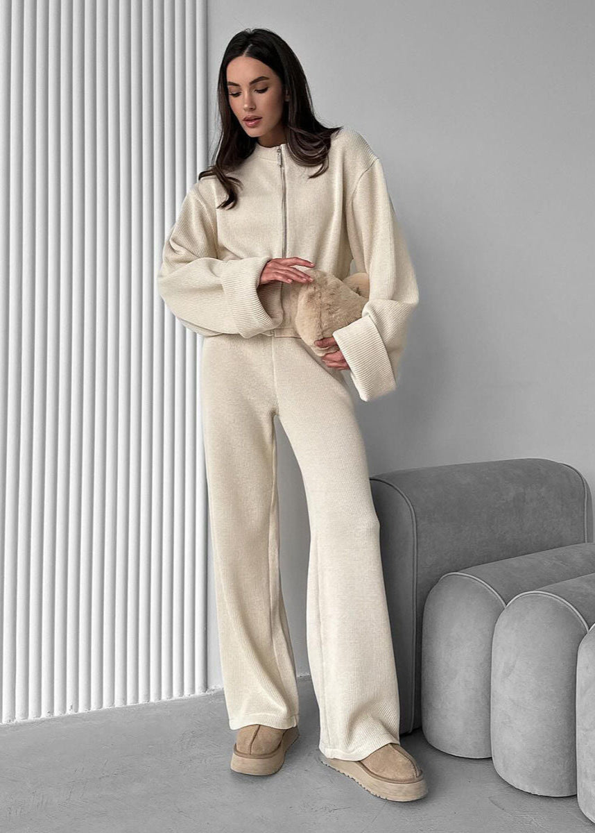 Knit Lounge Set Ribbed Blend Zip Jacket And Wide-Leg Pants