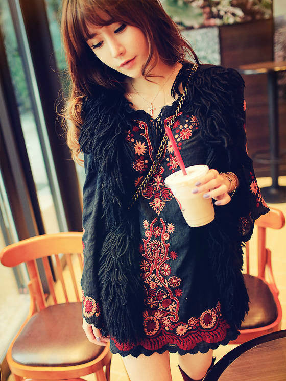 New National Style Embroidered Trumpet Sleeve Short Skirt Cotton Linen Dress