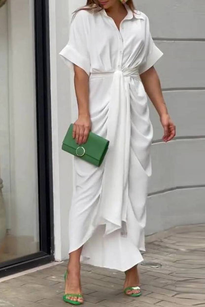 V-Neck Pleated Belt Short Sleeve Dress