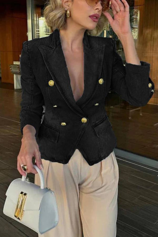 Casual Gold Tone Button Double Breasted Lapel Collar Tailored Denim Blazer