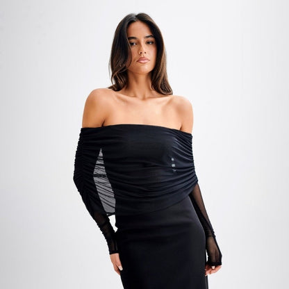 Mesh Insert See Through Pleated Off Shoulder T Shirt