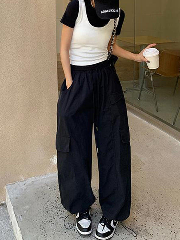 High Waisted Loose Drawstring Elasticity Pockets Solid Color Split-Joint Pants Trousers