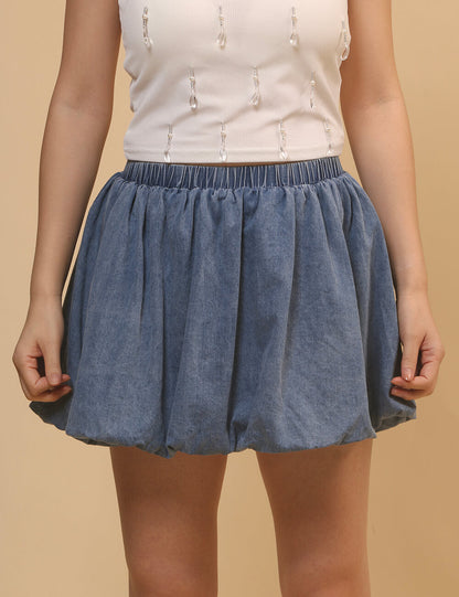Floral Cute Denim Bubble Mini Skirt