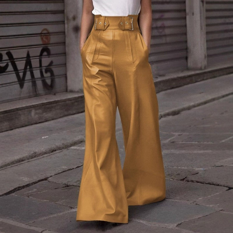 Solid Color High Waist Loose Pleated Pocket Leather Pants