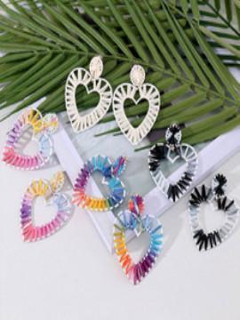Geometric Coloured Lafite Handwoven Heart-Shaped Earrings