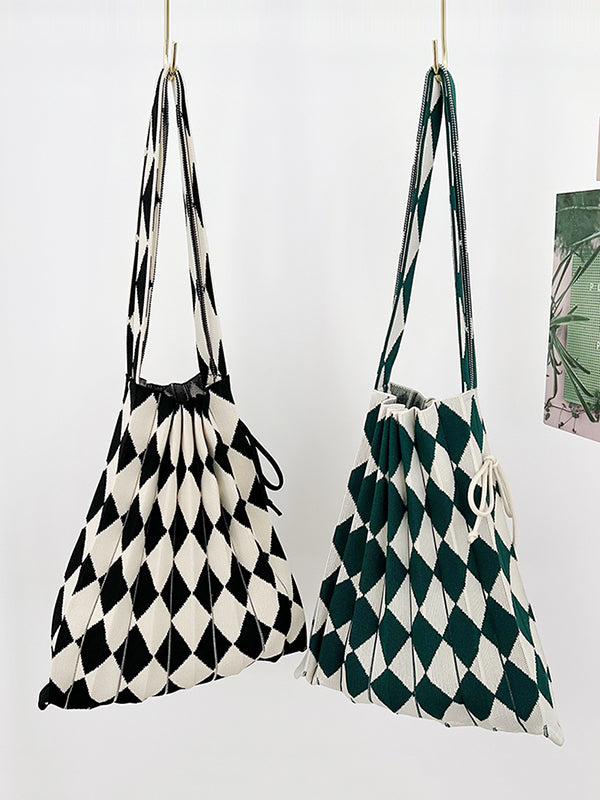 Contrast Color Drawstring Pleated Rhombus Woven Handbags