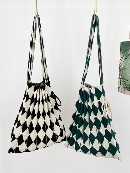 Contrast Color Drawstring Pleated Rhombus Woven Handbags