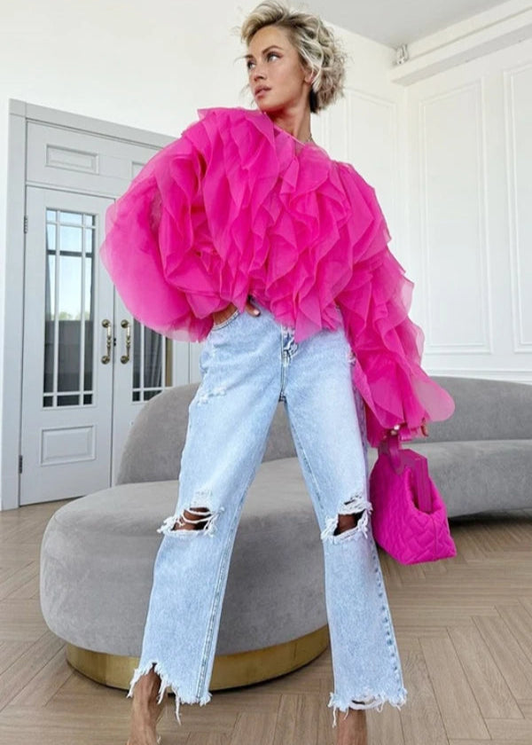 Sheer Organza Top With Ruffled Balloon Sleeves