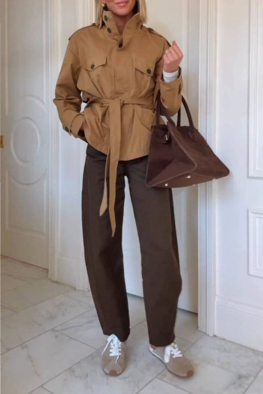 Camel tie waist short trench coat