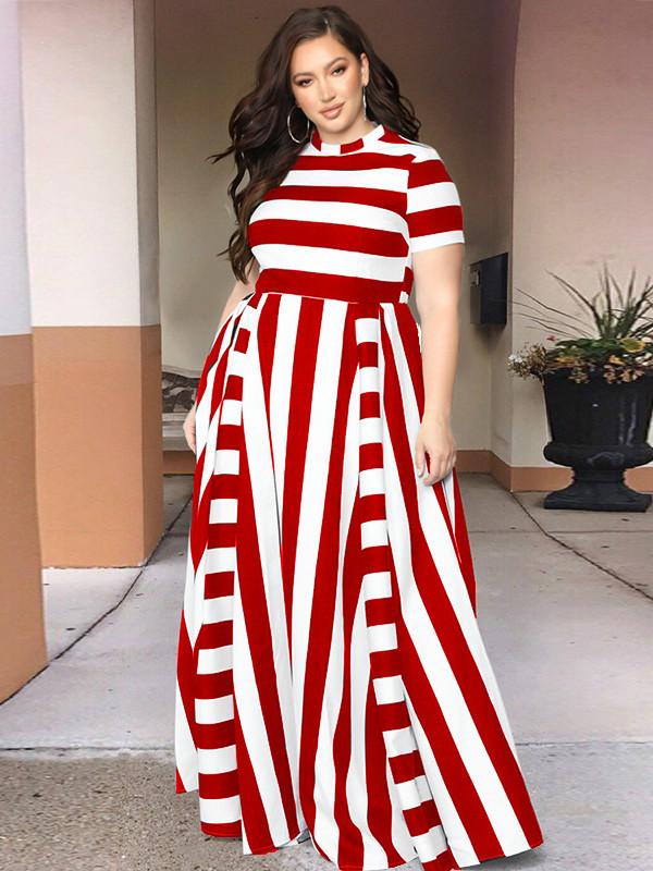 Hot Selling Women'S Dress Loose-Fit Crew Neck Horizontal And Vertical Stripes Large Size Dress