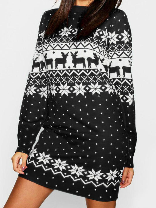 Autumn And Winter New Women'S Christmas Print Long-Sleeved Dress