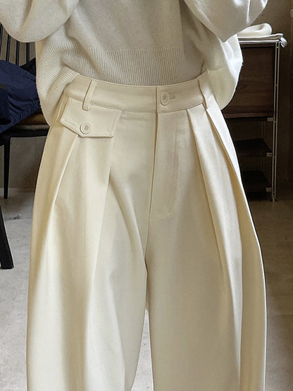 Loose Pleated Solid Color Casual Pants Bottoms