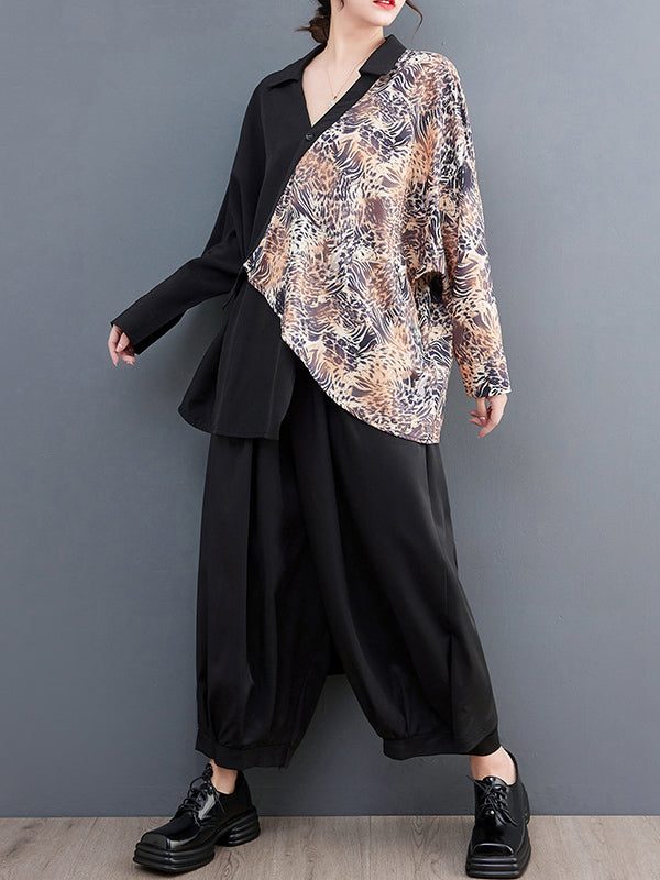 Long Sleeves Loose Contrast Color Printed Split-Joint Leopard Polo Blouses&Shirts Tops + Ninth  Culotte