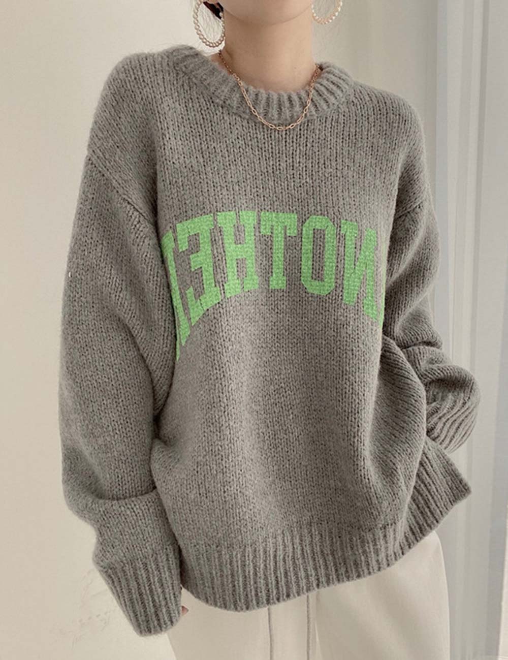 Fall Letter Print Round Neck Oversized Knit Sweater