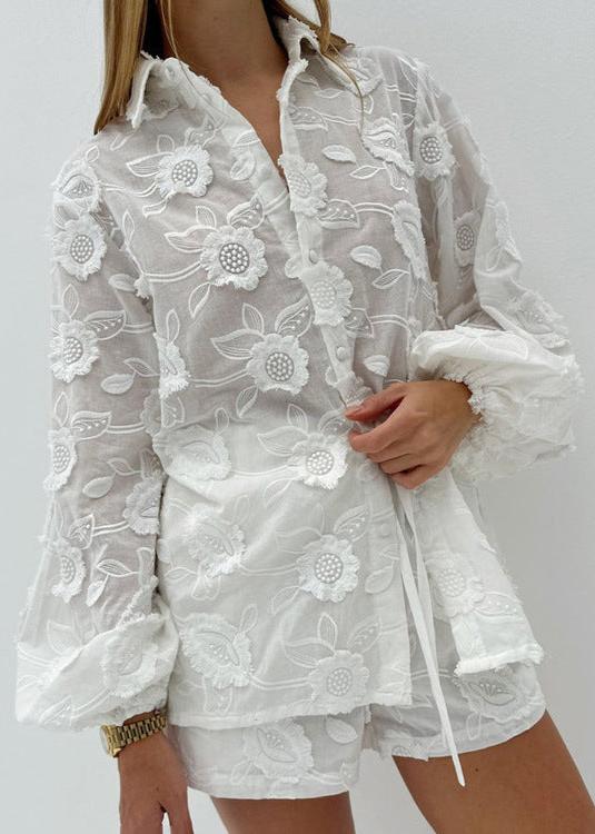 Sheer Embroidered Shirt And High Waist Shorts Set
